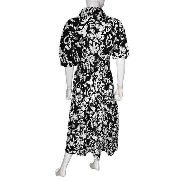Wishing Waves Black and White Notched Collar Puff Sleeve Midi Dress Women’s Sz L - Picture 3 of 5